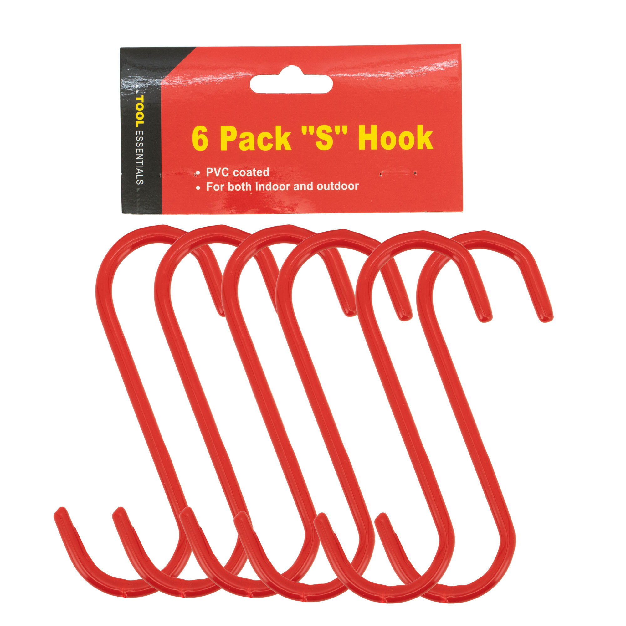 S Hook 6 pack metal body with pvc coating. Tool Essentials brand. 4.5 in long, 1.25 in wide opening hooks. Many uses for indoor or outdoor. Shs06r